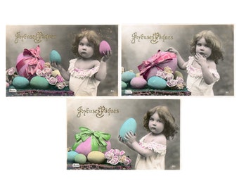 Vintage postcards, 3 Easter cards as a set, real photo postcard, french card, victorian, edwardian, in pastel sepia tones