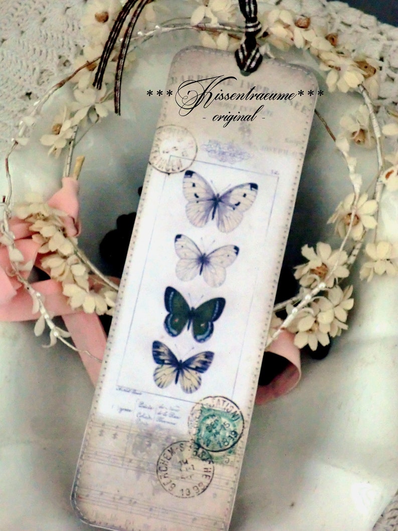 Bookmark, vintage bookmark made of double photo cardboard, butterflies motif and vintage style. image 3