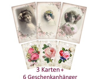 Grußkarten, Vintage Deko Karten, Geschenkanhänger und Postkarten im Vintage Stil. Set No 5 mit Grete Reinwald.