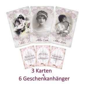 Grußkarten zum Geburtstag, Vintage Deko Karten, 6 Geschenkanhänger und 3 Postkarten im Vintage Stil, als Set No 4.