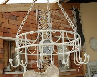 Great herb crown, ceiling crown, kitchen crown with 12 hooks, hanging basket, metal, white