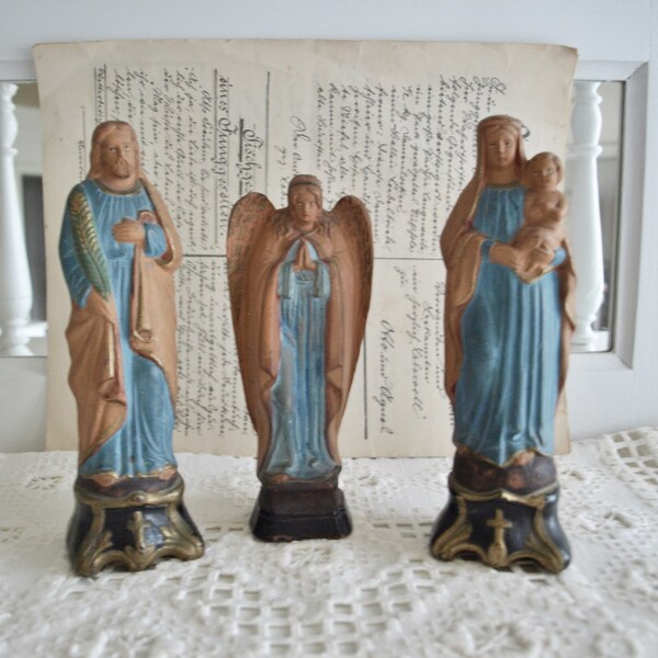 Holy family, old, clay, Mary, Joseph, angel, 3 pieces, set, Christmas decoration, shabby, vintage, brocante