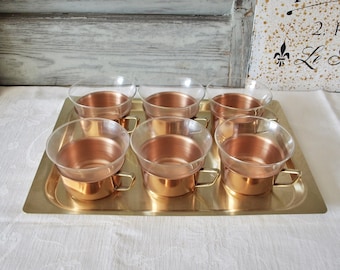 6 pieces of old tea glasses with tray, 1960s, sixties, tea service, vintage, brocante