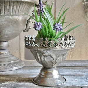 Può includere: Un vaso in metallo argentato con un bordo decorativo e una base. Il vaso è pieno di erba verde e fiori viola.
