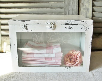 Shabby showcase, display case, metal box, glass insert, metal box, hinged lid, country house