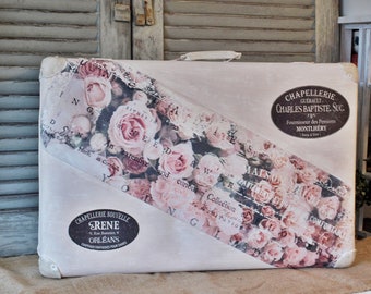 Old suitcase, travel suitcase, shabby, roses, storage, white, vintage, fifties, brocante