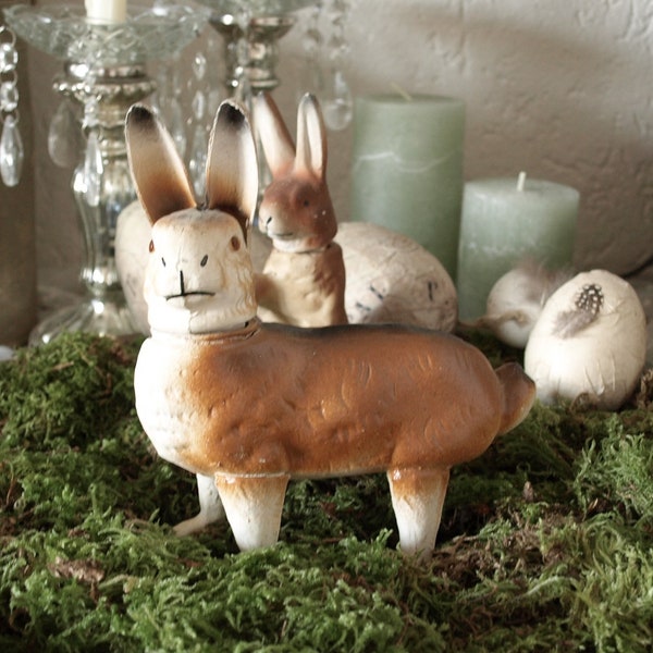 Großer, antiker Hase, Pappmachè, Candybox, befüllbar, Osterhase, Masse, Pappe, Glasaugen, alt, shabby, Brocante