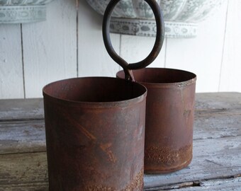 Vecchio vaso in ferro, doppio, vera ruggine, vaso per piante, fioriera, decorazione da giardino, shabby