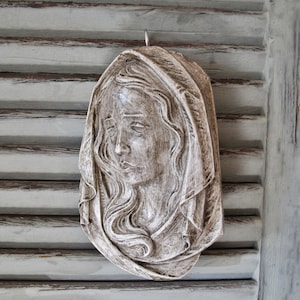 Old plaster mural Maria, relief, Madonna, Marian image, vintage, brocante