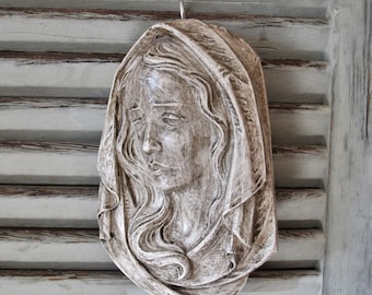 Old plaster mural Maria, relief, Madonna, Marian image, vintage, brocante