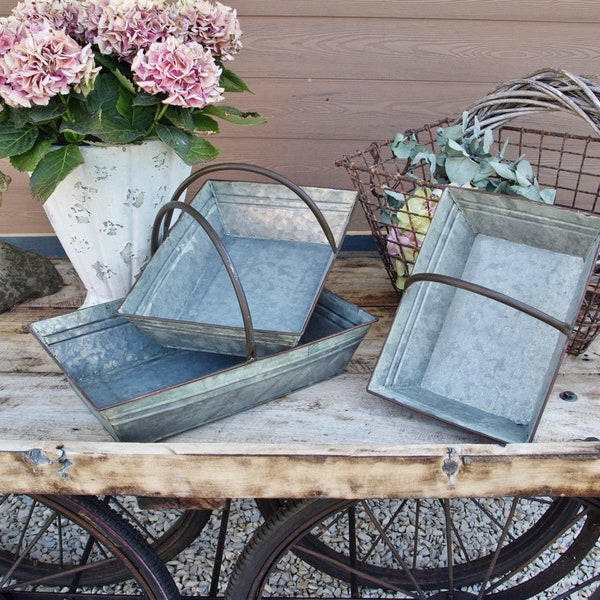 Zinc basket in 3 sizes, handle basket, galvanized, country house, zinc, flower basket