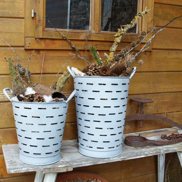 Grand seau à olives, panier à olives, grand, 39 cm, zinc blanc, cache-pot, shabby chic,