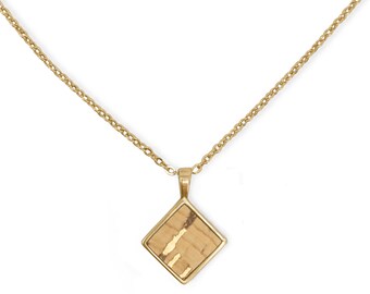 Short necklace GOLD with CORK nature beige brown, chain short with pendant square 18K gold plated nickel free, Sustainable jewelry ladies