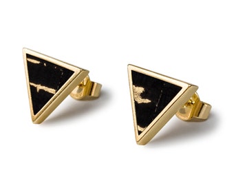 Earrings Gold Triangle - Cork Black Gold - 10 mm Gold Plated Nickel Free - Wood Jewelry Ladies, Earrings Plug + Sustainable Gift