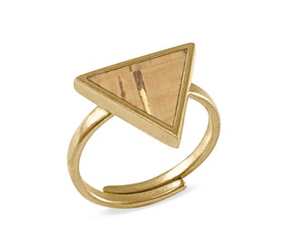 Ring GOLD Adjustable with KORK Nature Beige, Statement Ring Triangle 18K Gold Plated Nickel Free, Sustainable Jewelry Women