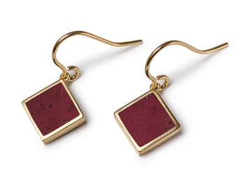 Earrings GOLD with CORK Bordeaux Red Wine Red, Gold Hanging Earrings 18K Gold Plated Nickel Free, Hanging Earrings Square