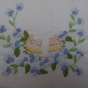 Könnte beinhalten: Weißer Stoff mit einem gestickten Design, das eine kuchenartige Form mit einer Schleife zeigt, umgeben von blauen Blumen und grünen Blättern. Die Stickerei ist in Blau-, Gelb- und Grüntönen gehalten.