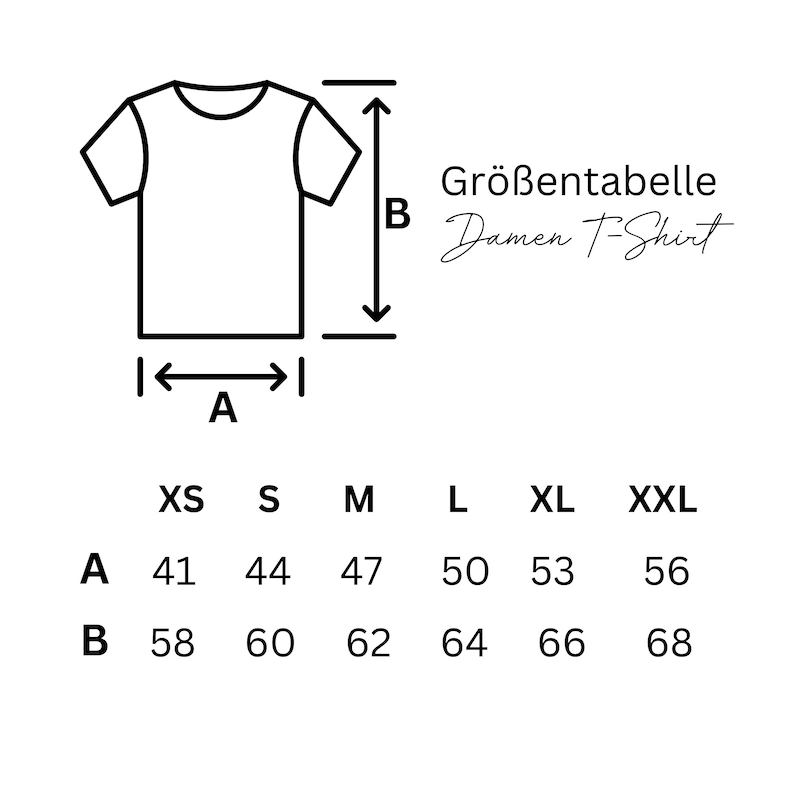 Pode incluir: Tabela de tamanhos para uma camiseta com medidas em cent&iacute;metros para a largura (A) e o comprimento (B) da camiseta. A tabela inclui os tamanhos XS, S, M, L, XL e XXL.