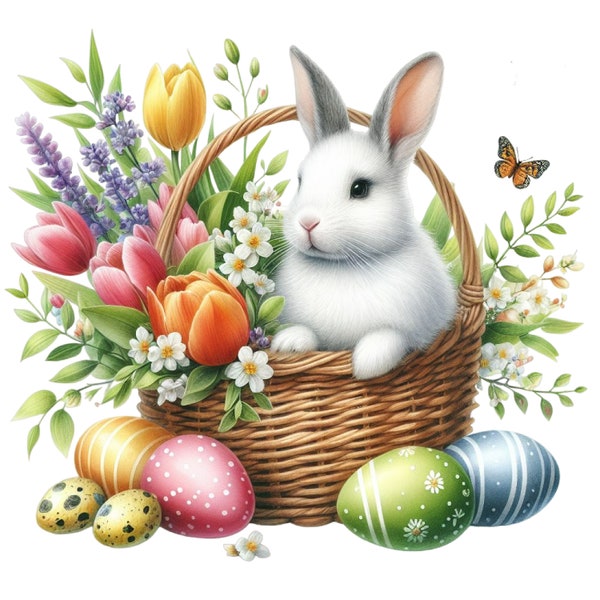 Bügelbild Bügelpatch Ostern Frühling Bunny Hase im Korb - verschiedene Motive EBB00001 - EBB00009