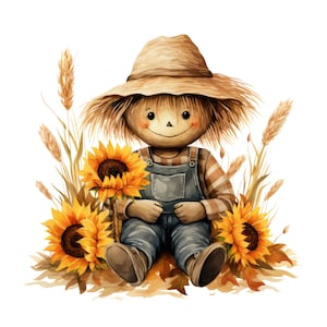 Puede incluir: Ilustración en acuarela de un espantapájaros sonriente con sombrero de paja y peto vaquero. La muñeca está rodeada de girasoles y espigas de trigo, con hojas de otoño en su base. La paleta de colores incluye amarillos, marrones y azules cálidos.