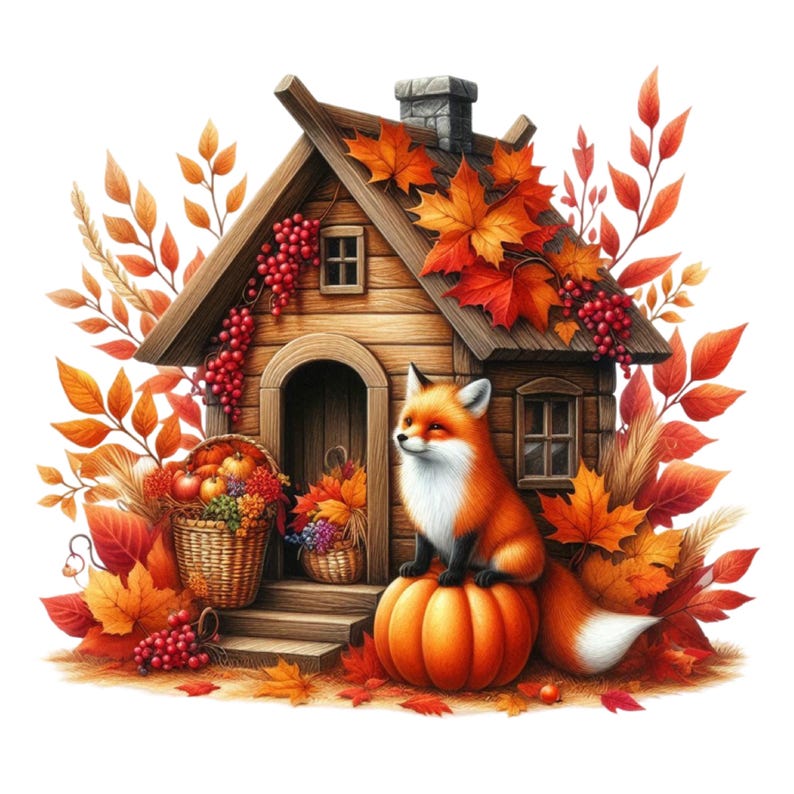 Iron-on patch autumn cute fox with house - various designs in five sizes FOX00001 - FOX00010