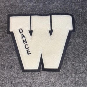 May include: A white, textured letter "W" with the word "DANCE" vertically on the left side. The letter and text are outlined in black. The background is a gray, textured surface.