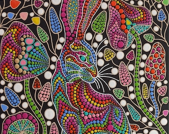 Original Rabbit Painting, Cute Bunny Art, Canvas Rabbit, Mushroom Forest Painting, Colourful Mushrooms art, Bunny with flowers painting