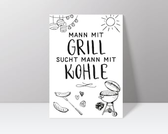 Postkarte "Mann mit Grill sucht Mann mit Kohle" für LGBT