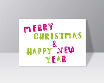 Postkarte "Merry Christmas & Happy New Year" in bunter Typografie