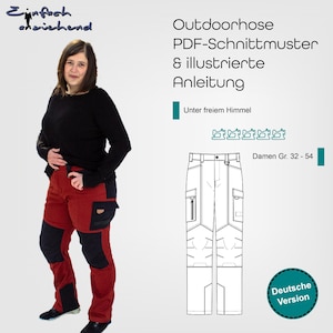 Könnte beinhalten: Eine Schwarz-Weiß-Zeichnung von Damen-Outdoorhosen mit mehreren Taschen. Der Text "Outdoorhose PDF-Schnittmuster & illustrierte Anleitung" befindet sich oben im Bild. Der Text "Damen Gr. 32-54" befindet sich unter der Hose. Der Text "Deutsche Version" befindet sich in einem Kreis unten rechts im Bild.