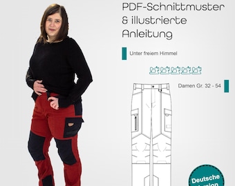 PDF sewing pattern for women&#39;s outdoor trousers sizes 32-54 with many pockets, tabs & details, various knee options, German sewing instructions