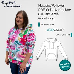 PDF sewing pattern ladies oversize hoodie size 32 - 62 with bum bag, hood or round neck, German sewing instructions, start right away