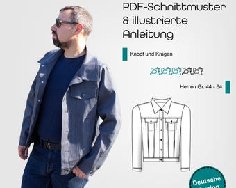May include: A blue denim jacket sewing pattern with a line drawing of the jacket and instructions for making it. The pattern is for men's sizes 44-64. The text on the image reads "Jeansjacke PDF-Schnittmuster & illustrierte Anleitung Knopf und Kragen Herren Gr. 44 - 64 Deutsche Version".