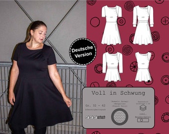 PDF Schnittmuster Damen Kleid Größe 32-62 mit Ärmeln oder ärmellos, mit Taschen und ausgefallenem Oberteil, deutsche Nähanleitung