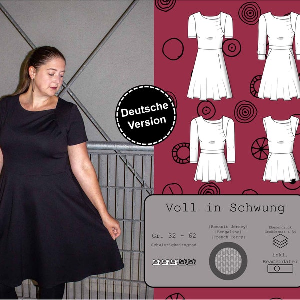 PDF Schnittmuster Damen Kleid Größe 32-62 mit Ärmeln oder ärmellos, mit Taschen und ausgefallenem Oberteil, deutsche Nähanleitung