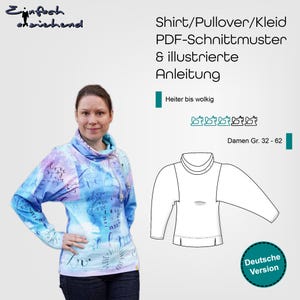 May include: A woman in a blue, purple, and white cowl-neck shirt with the word "Love" printed on it. The image includes text that says "Shirt/Pullover/Kleid PDF-Schnittmuster & illustrierte Anleitung" and "Damen Gr. 32-62".