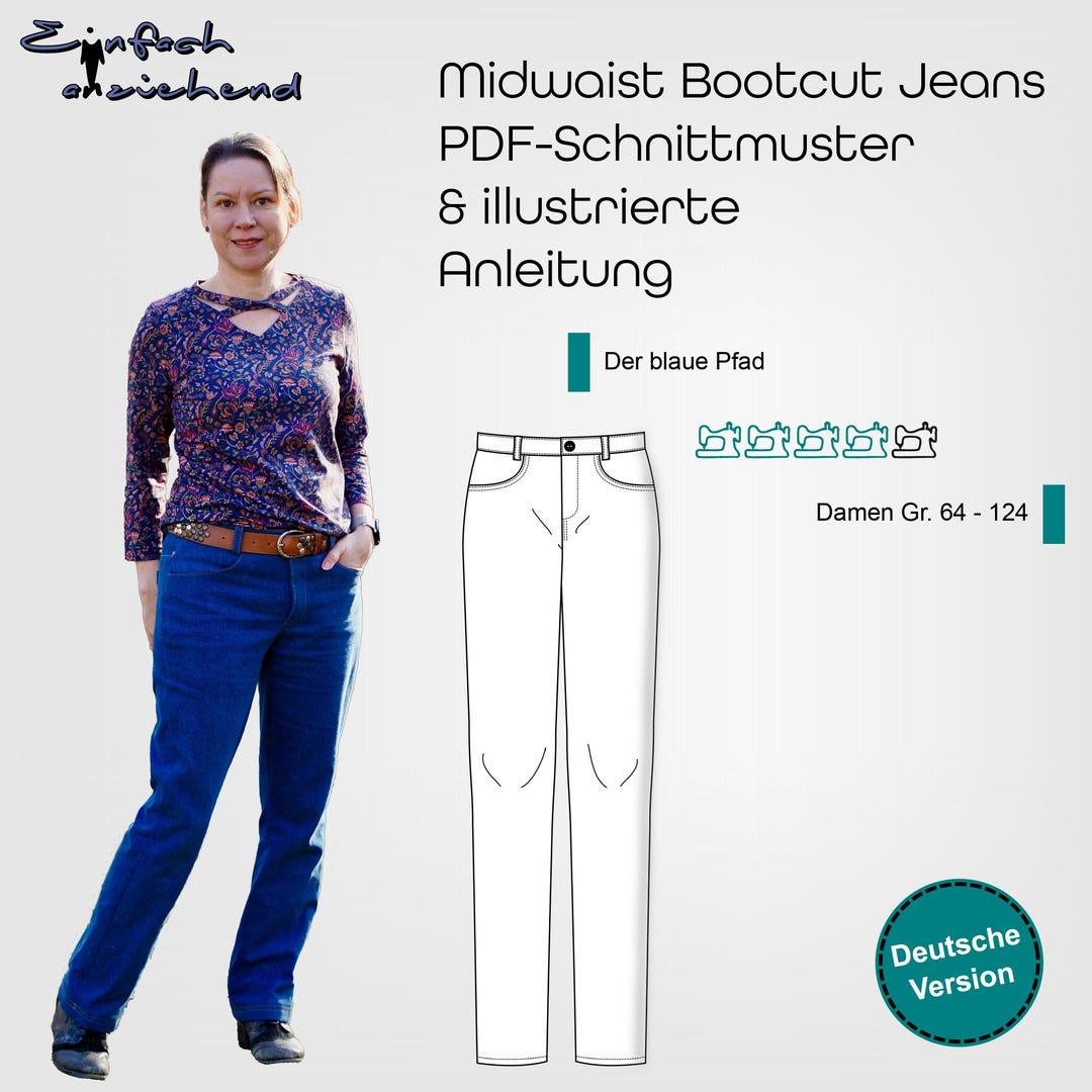 PDF Sewing Pattern for Women's Jeans, Mid-waisted Bootcut Jeans With ...