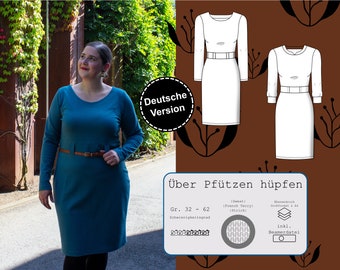 PDF Schnittmuster Damen Kleid Größe 32 - 62 mit Ärmeln und Taillenabtrennung mit Gürtelschlaufen, deutsche Nähanleitung, direkt anfangen