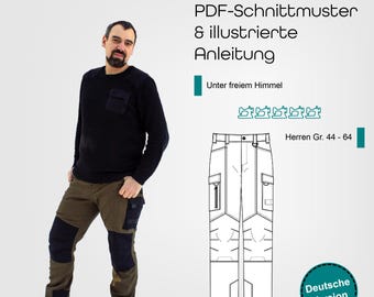 PDF sewing pattern for men's outdoor trousers/hiking trousers, sizes 44-64, with many pockets, flaps & details, various knee options
