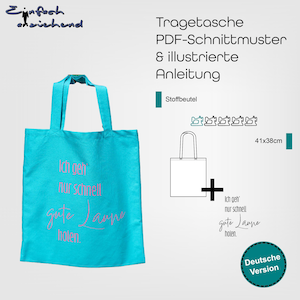 Op de afbeelding: Een turquoise draagtas met de tekst "Ich geh nur schnell gute Laune holen" in roze. De tas is rechthoekig, met een handvat en meet 41x38cm. De afbeelding bevat ook een diagram en tekst in het Duits.