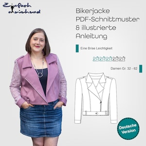 May include: A pink biker jacket with lace sleeves and a black necklace. The image also shows a line drawing of a biker jacket with the text "Bikerjacke PDF-Schnittmuster & illustrierte Anleitung" and "Eine Brise Leichtigkeit Damen Gr. 32-62 Deutsche Version".