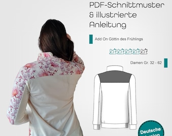 ADD ON to sweat jacket with zipper and stand-up collar for women as PDF sewing pattern in sizes 32-62 in German