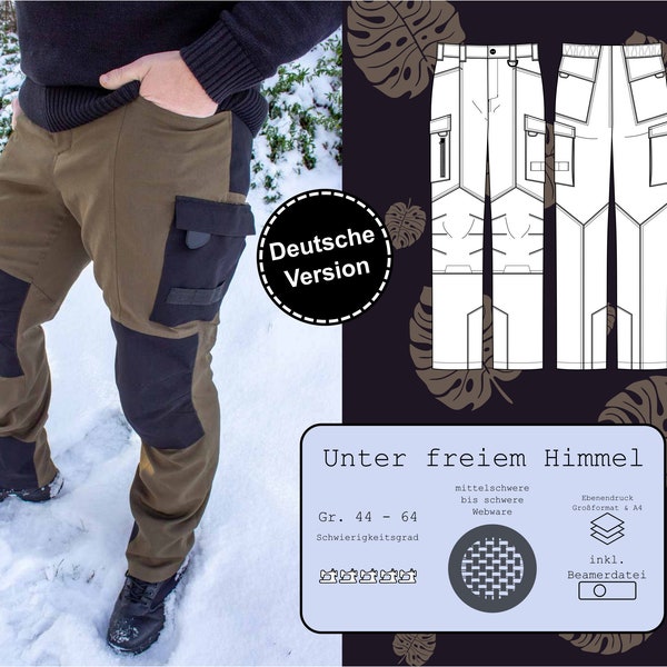 PDF sewing pattern men's outdoor trousers sizes 44-64 with many pockets, tabs & details, various knee options