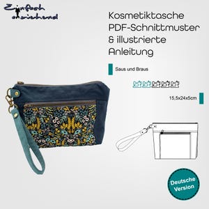 Patron de couture PDF sac / trousse de maquillage avec compartiment extérieur avec pli et 3 compartiments intérieurs pour cartes, fond robuste, instructions en allemand