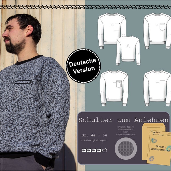 Papier Schnittmuster Herren Sweater | Pullover Größe 44-64 mit Brusttasche, besonderem Rundhalsausschnitt, lässiger Schnitt, per Post