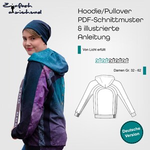 May include: A woman wearing a blue and purple hoodie. The image includes the text "BLA BLA BLA" on the side, and the text "Hoodie/Pullover PDF-Schnittmuster & illustrierte Anleitung" and "Deutsche Version".