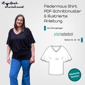 May include: A woman wearing a black V-neck batwing shirt and blue jeans. The image includes a line drawing of the shirt and text that reads "Fledermaus Shirt PDF-Schnittmuster & illustrierte Anleitung" and "Deutsche Version."