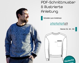 PDF sewing pattern for men&#39;s sweater | Sweater size 44-64 with breast pocket, special round neck, casual cut, German instructions