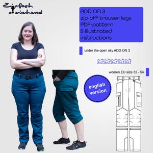 以下が含まれることがあります： EUサイズ32〜54のジップオフトラウザーズレッグの縫製パターン。パターンにはイラスト付きの説明が含まれており、英語で入手できます。画像は、完成したズボンを着用した女性と、パターンの線画を示しています。