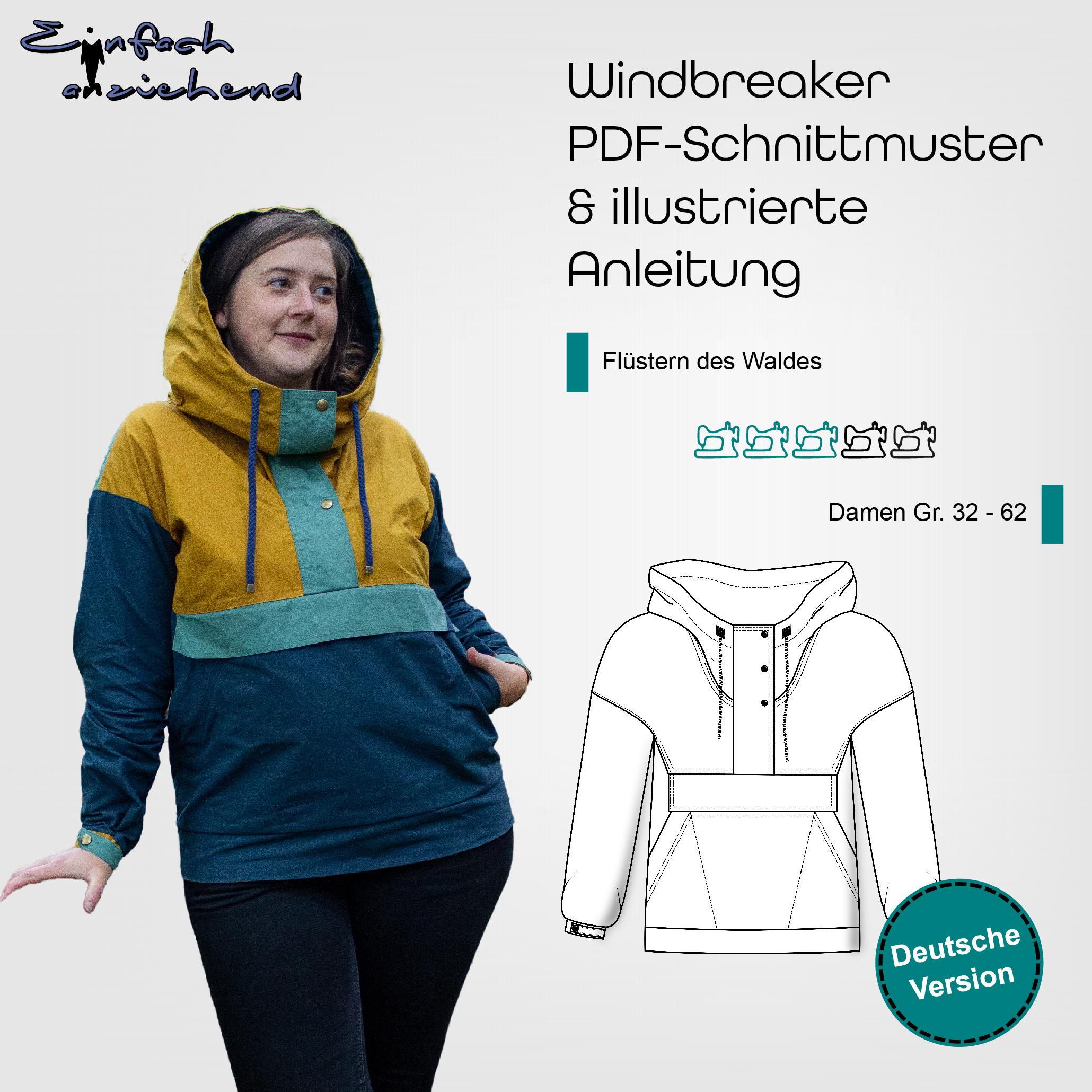 PDF sewing pattern for women's windbreaker in sizes 32-62 with hood, pocket(s), woven and knitted fabric, unlined, German instructions